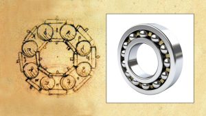 Side-by-side image showing Leonardo da Vinci's historical sketch of an early bearing design compared to a modern ball bearing.