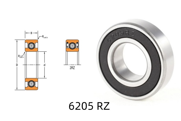 An image shows a bearing with low friction seals and its drawing, and it is 6205RZ.