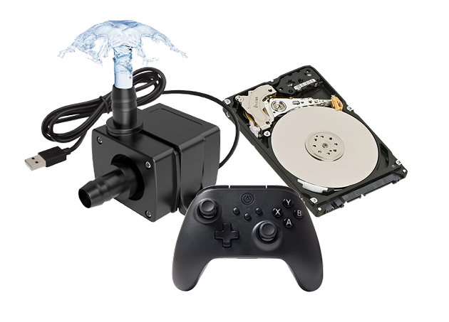 A small pump, a game controller and a hard disk drive,
