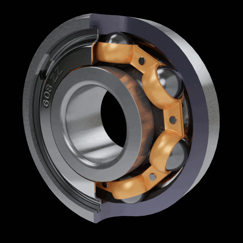 Animation showing a 608ZZ high-speed ball bearing rotating at high speed to demonstrate smooth motion and internal design performance