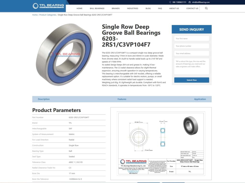 Screenshot of TFL a 6203-2RS ball bearing product page showing technical specs, product image, and CAD download option.