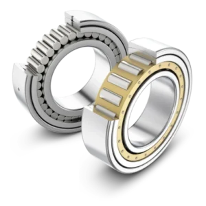 The image shows a cylindrical roller bearing with a brass cage and a full complement cylindrical roller bearing.