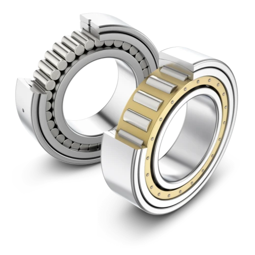 The image shows a cylindrical roller bearing with a brass cage and a full complement cylindrical roller bearing.