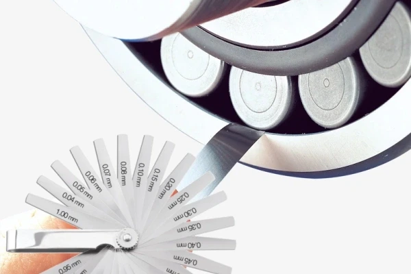 Close-up of a hand using a set of feeler gauges to measure the radial clearance between the rollers and outer ring of a large roller bearing.