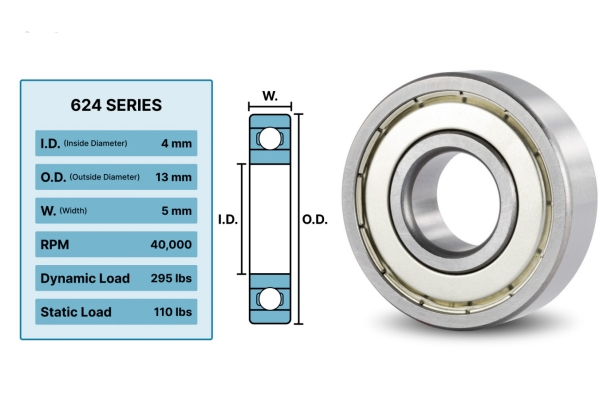 a picture shows Miniature Ball Bearing 624-2Z and its dimensions