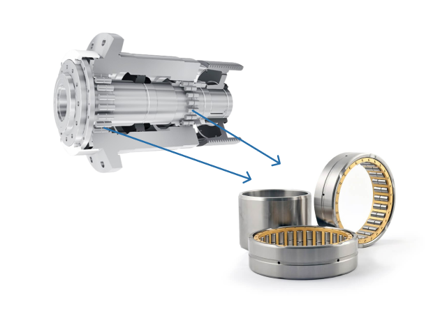The image shows double row cylindrical roller bearings in a vertical turning centre