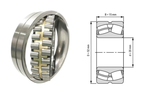 The Self Aligning Roller Bearing, known as 21304-CC-W33 Generic, has an inner diameter of 20 mm, an outer diameter of 52 mm and a thickness of 15 mm.