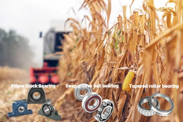 A variety of common agricultural bearings, including  Pillow Block Bearing UCP205, deep groove ball bearing 6205, and a tapered roller bearing 30206.