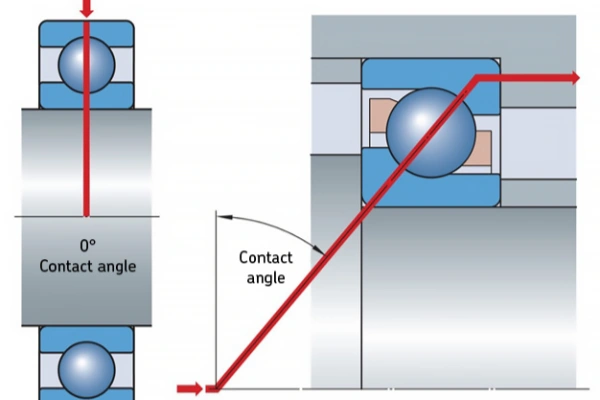 Diagram illustrating different contact angles (15°, 25°, 40°) in an angular contact bearing, showing how the angle influences axial load capacity.