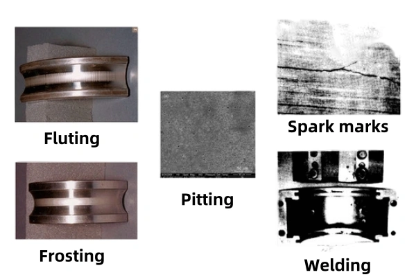 Macro photograph showing common electrical damage on a bearing raceway, including fluting patterns and pitting, indicative of electrical current passage.