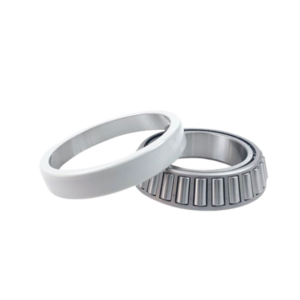 Close-up of an electrically insulated tapered roller bearing with a protective coating, preventing current damage in industrial machinery.