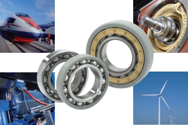 Montage or collage of images representing various industries: industrial electric motors, traction motors, generators, oil rigs, mining equipment, and wind turbines, indicating where insulated bearings are used.