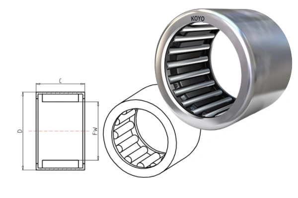Koyo needle roller bearing J-812;PDL125 in a compact automotive gearbox, highlighting small cross-section design.