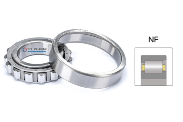 Detailed image of an NF type cylindrical roller bearing, highlighting its rib configuration with two ribs on the inner ring and one on the outer ring, demonstrating its ability to carry radial loads and some one-way axial loads, ideal for electric motors and machine tool spindles.