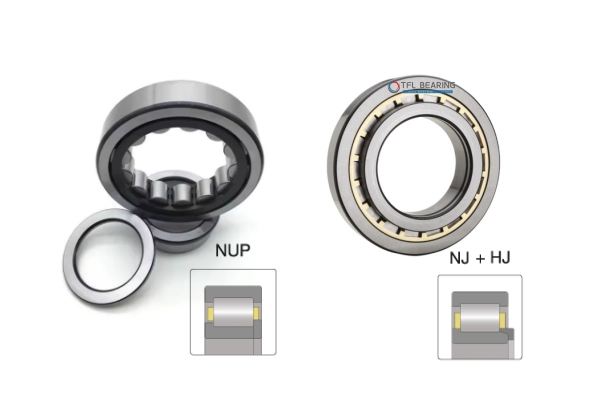 A visual representation of NUP and NH type cylindrical roller bearings, showing their fixed-end design with additional collar rings or HJ collars, enabling them to support axial loads from both directions, commonly used in heavy machinery and steel mills.