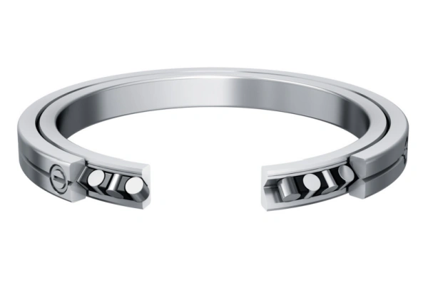 Close-up view of a cross roller bearing's internal mechanism, specifically highlighting the crisscross or orthogonal pattern of the cylindrical rollers designed for simultaneous radial, axial, and moment load support.
