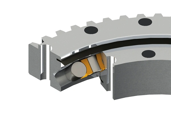 Illustration of a cross roller bearing with cylindrical rollers positioned at right angles, highlighting its ability to handle heavy loads from various directions.