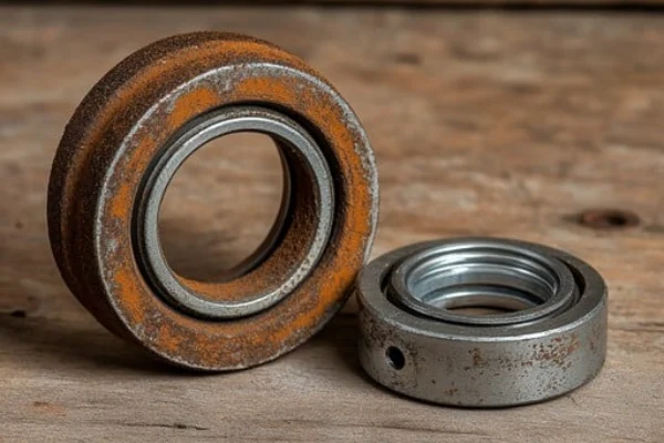 Close-up photo of two metal bearing components, one showing significant rust and corrosion, placed on a wooden surface.
