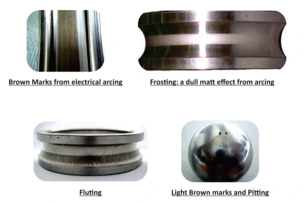 Example images of bearing damage caused by shaft currents, showing electrical discharge machining, frosting (pitting), and fluting, highlighting premature wear and failure.