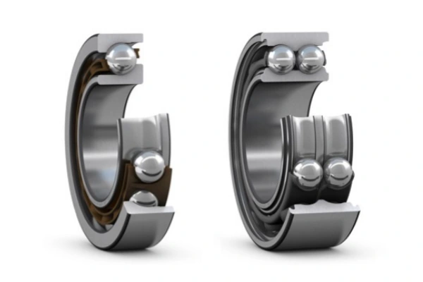 Side-by-side comparison of a single-row and a double-row angular contact bearing, illustrating their structural differences and load capacities.