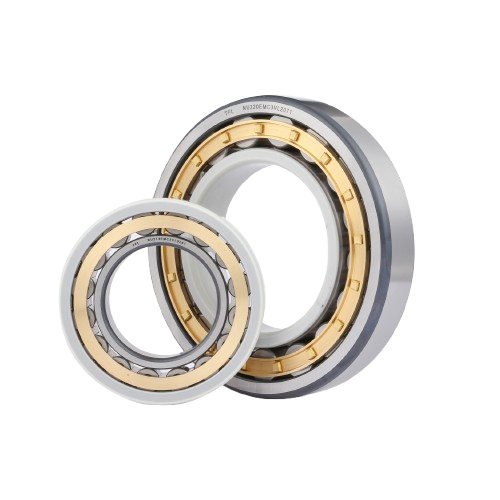 Close-up of a TFL electrically insulated single row cylindrical roller bearing with visible insulating coating on the outer ring, set against a blurred industrial background.