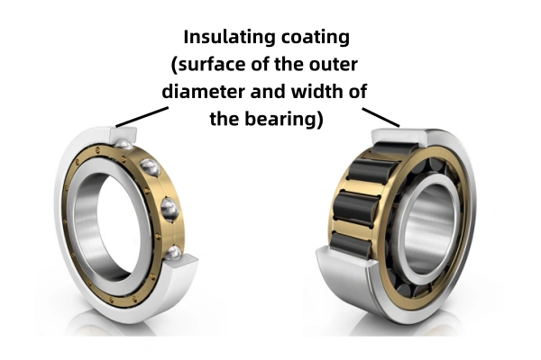 Close-up view of a coated insulated bearing with a visible ceramic insulating layer, illustrating its function in preventing electrical current flow and protecting machine components.
