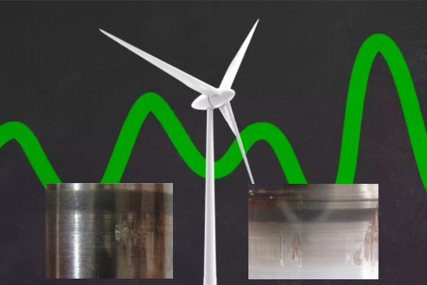FAG insulated bearing installed in wind turbine generator, shows that electric current may pass through the shaft and into the bearing, causing micro-welding effects, surface damage, and premature failure.