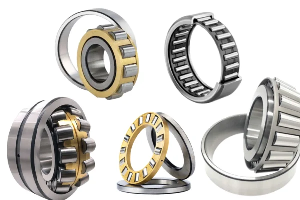 image shows five common roller bearings, including cylindrical, needle, tapered, spherical, and thrust roller bearings.