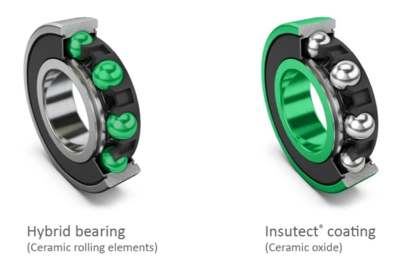 Side-by-side comparison of two types of electrically insulating bearings.