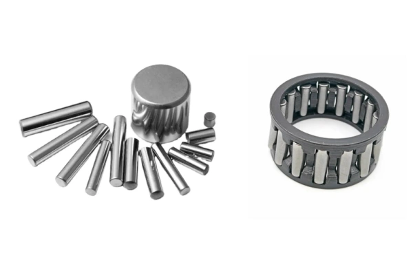 Image shows loose needle rollers compared to pre-assembled bearing units.