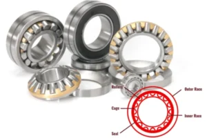 image shows different kinds of roller bearings and a general components