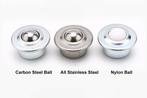 An assortment of roller ball casters displayed, showcasing different materials.