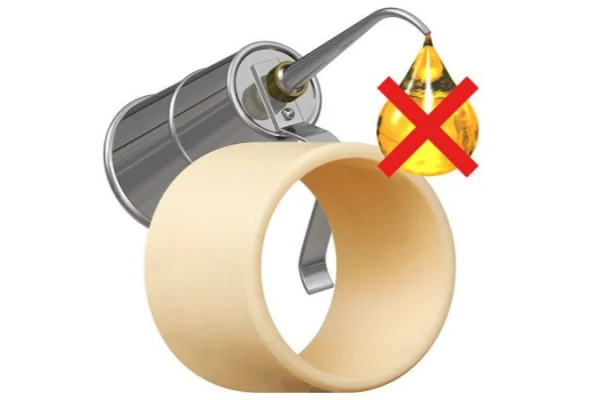 Illustration showing an oil can dripping oil with a red X over the drop, next to a plastic bearing ring, signifying that plastic bearings are self-lubricating and do not require external oil.