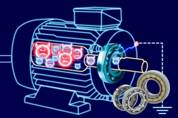 Diagram showing a variable frequency drive (VFD) connected to an electric motor, with arrows indicating the potential path of harmful shaft current through the motor shaft to the bearings.