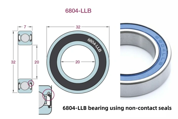 image shows a 6804-LLB bearing using non-contact seals and its drawing