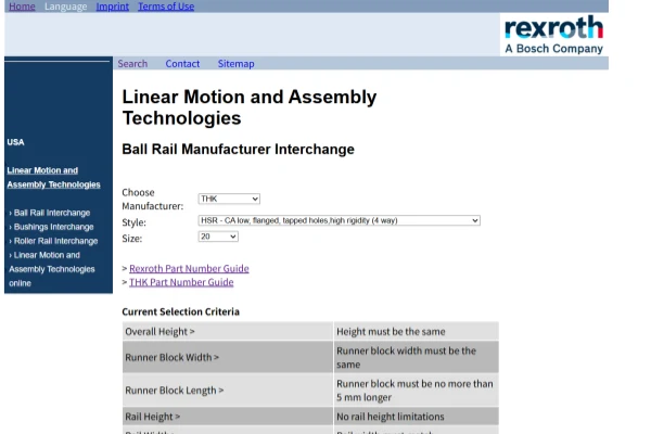 image shows a screenshot of Bosch RexRoth Ball Rail Manufacturer Interchange