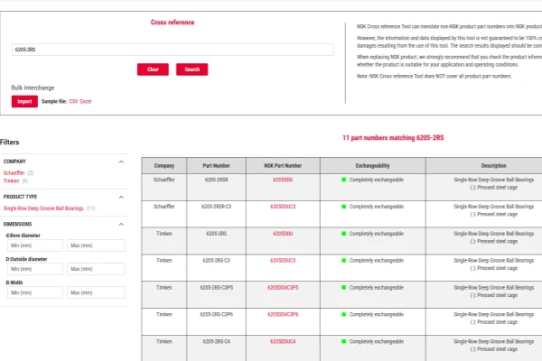 image shows NSK Bearing Finder Online Catalog's screenshot