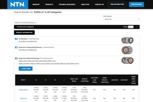 image shows a screenshot of NTN-SNR Bearing Finder
