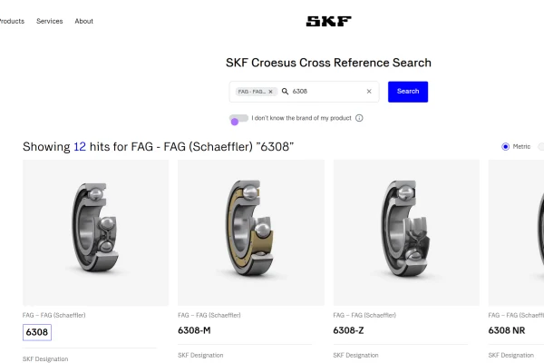 image shows the searched result of SKF Bearing Finder 6308
