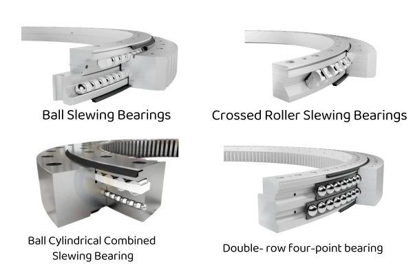 An image showing different types of slewing ring bearings, such as ball bearings, crossed roller bearings, and three-row roller bearings, highlighting their design differences.