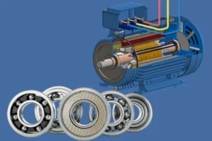 A close-up shot of a high-precision deep groove ball bearing manufactured by TFL, set against a backdrop of a running motor. The image emphasizes the bearing's crucial role in reducing noise and enhancing overall motor performance.