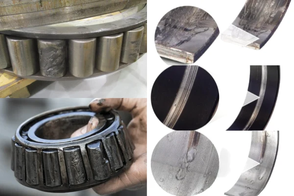 A rusted and flaked tapered roller bearing, illustrating common failures caused by poor sealing and contamination.