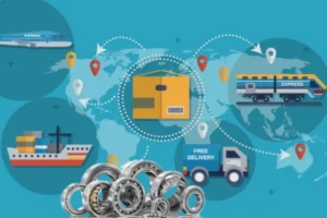 An illustration of the global supply chain, with China highlighted as a source for wholesale bearings, representing international trade and logistics.