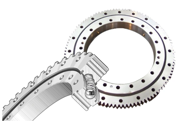 A diagram showing the external structure of a slewing bearing with gear teeth on the outside of the outer ring.
