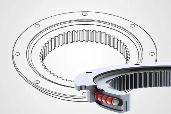 A diagram showing the internal structure of a slewing bearing with gear teeth on the inside of the inner ring.