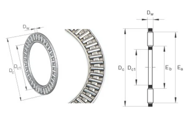 Diagram illustrating the internal structure of a needle roller thrust bearing, specifically highlighting the needle roller bearing cage holding the needle rollers in place, demonstrating its role in precise axial motion.