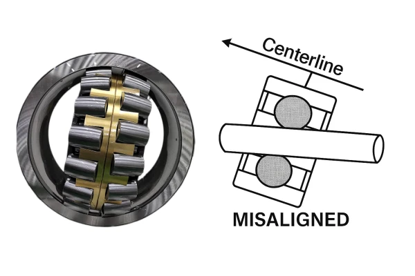 A cutaway diagram of a spherical roller bearing showing its barrel-shaped rollers and the inner and outer rings.