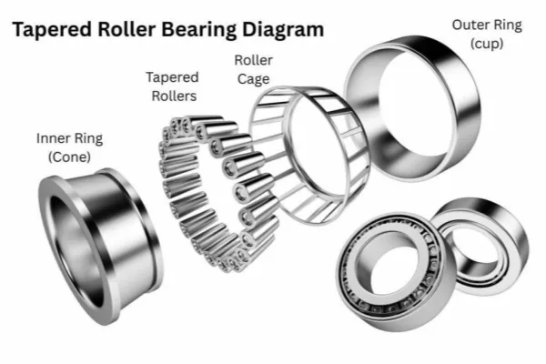 A diagram illustrating the components of a tapered roller bearing, including the cone, cup, rollers, and cage.