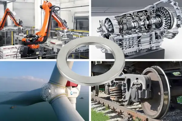 Image depicting various mechanical assemblies and industrial machinery, such as a large gear set or an engine component, where needle roller thrust bearing washers are integral to managing axial loads and ensuring smooth operation.