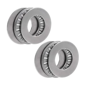 Close-up view of a high-precision thrust needle roller cage assembly and thrust washer from TFL Bearings, highlighting the needle rollers and compact design suitable for axial load applications.